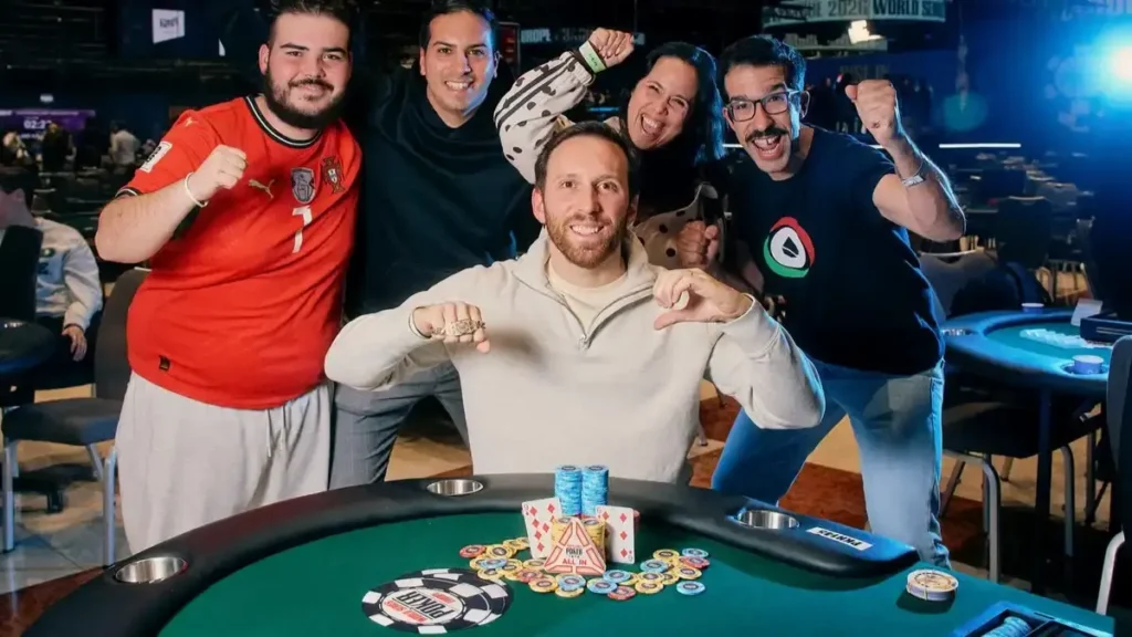 Pedro Faustino celebrates his bracelet win after WSOPE Event #8