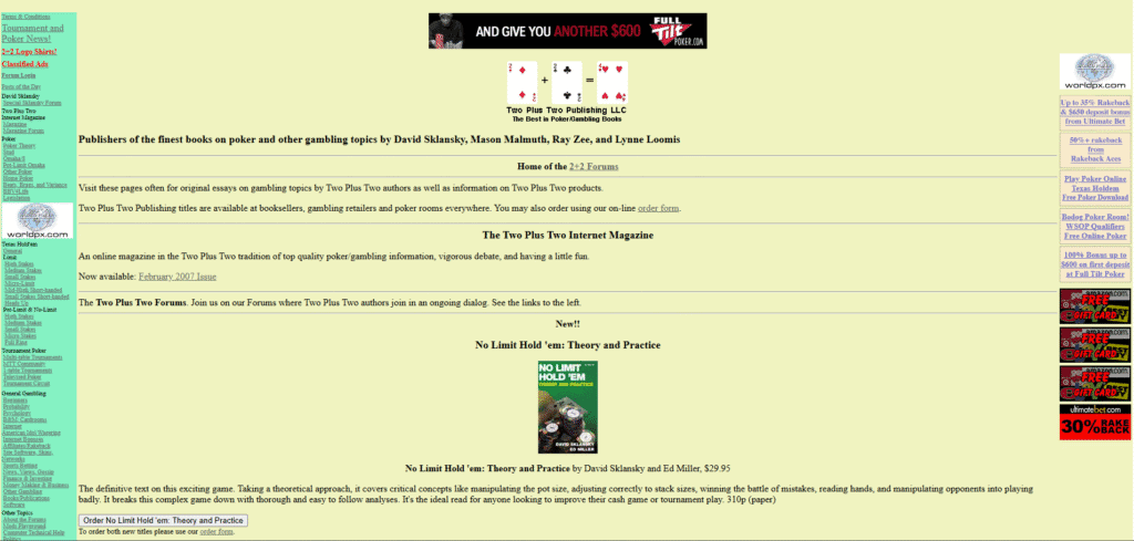 Two Plus Two Publishing website homepage circa early 2000s