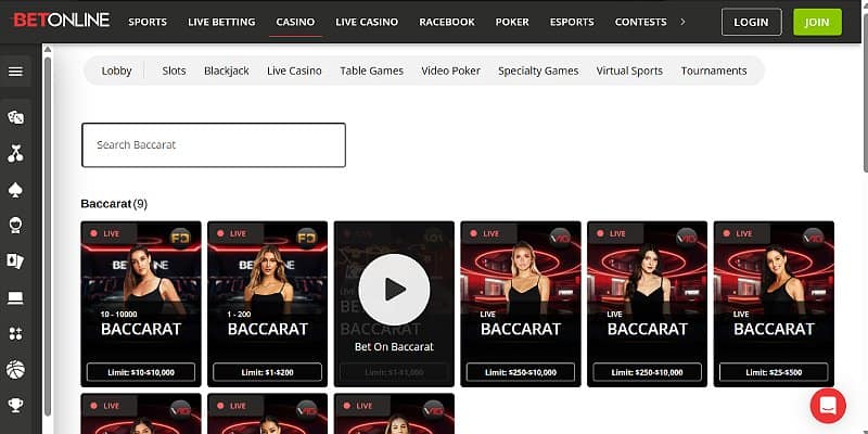 BetOnline Casino US - Baccarat