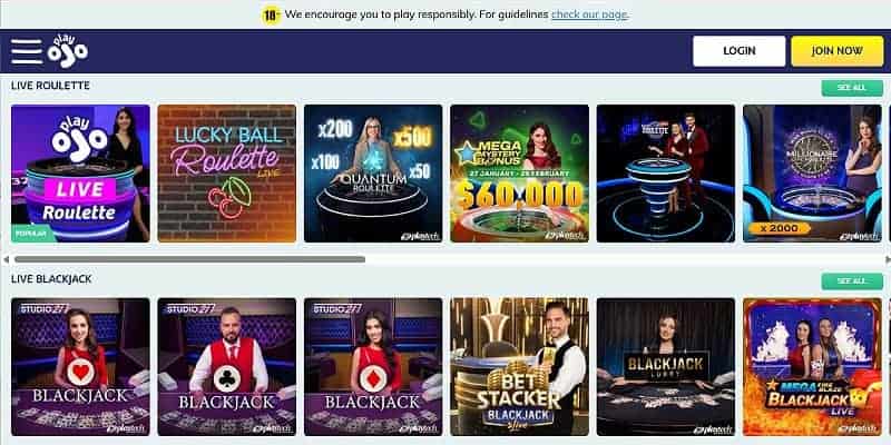 PlayOJO Casino CA - Live Casino