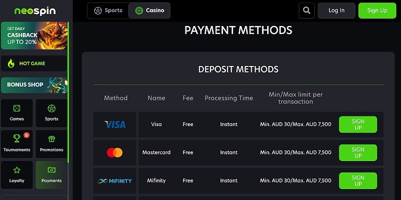 Instant Casino payment methods and interface